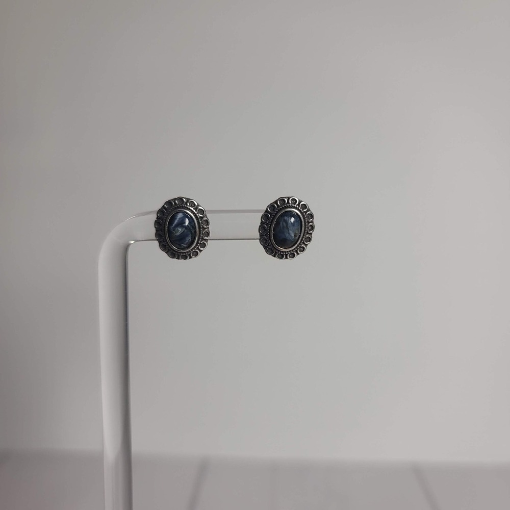 Vintage Style Blue Marbled Stone Silver Tone Oval Stud‎ Earrings Boho Scalloped